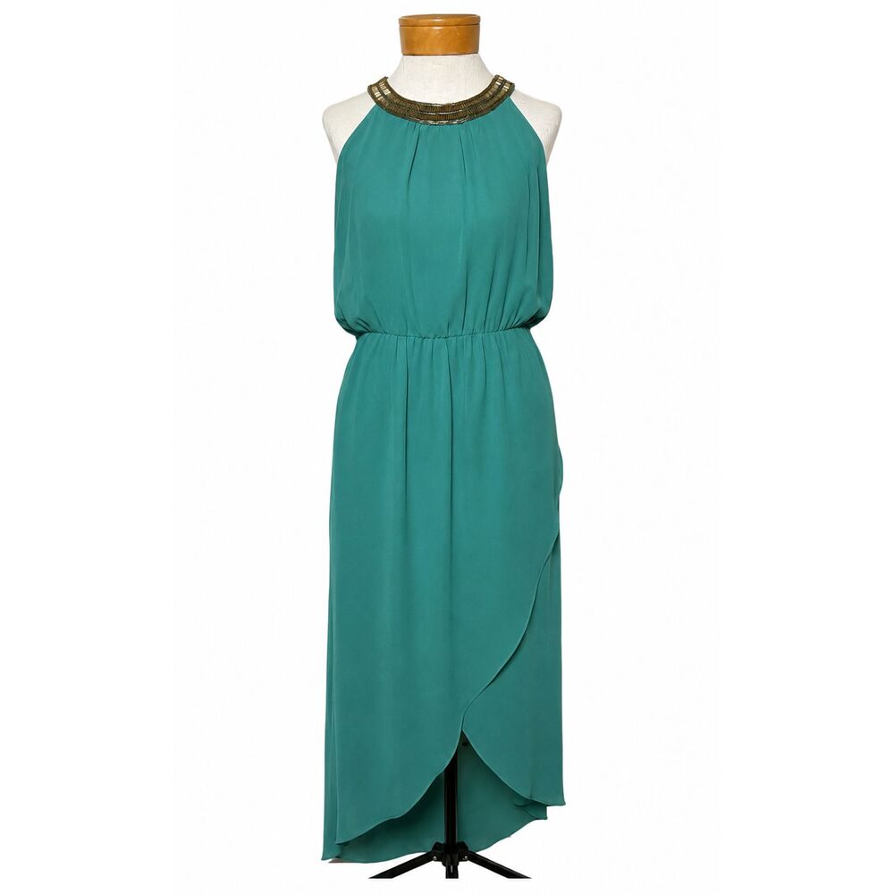 Thalia Sodi Halter High-Low Dress Large Teal Green Beaded Neckline Faux Wrap